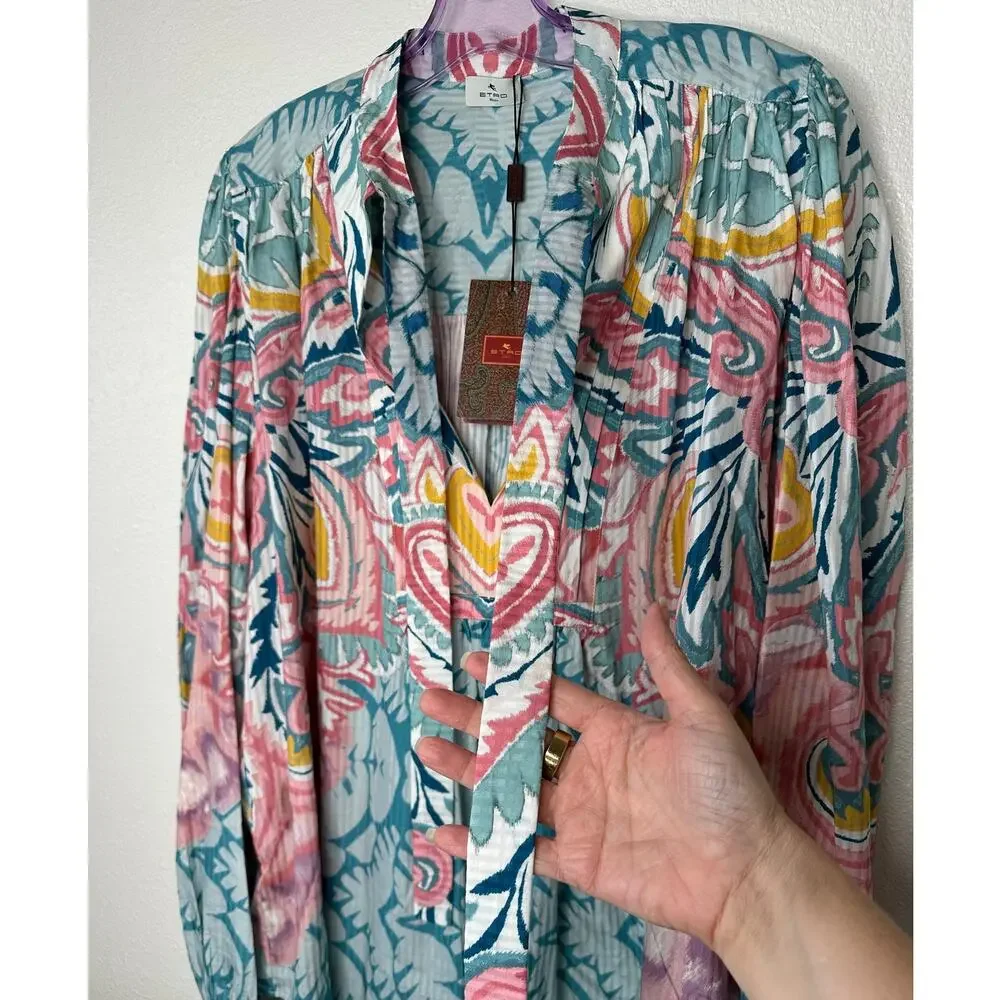 NWT Etro Teal Multicolor Paisley Georgette Long Sleeve Tie Neck Blouse 48 / XL - Picture 5 of 16